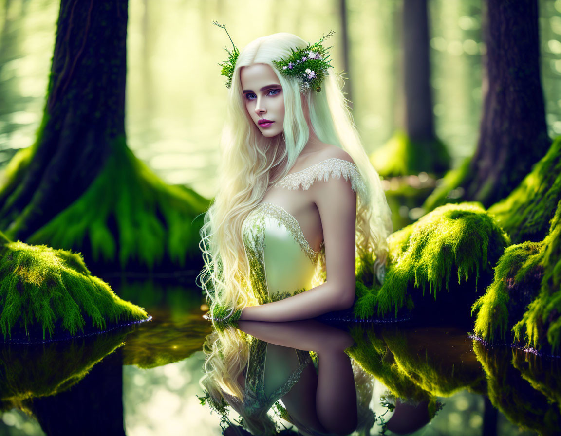 Blonde Woman in Floral Crown by Forest Pond