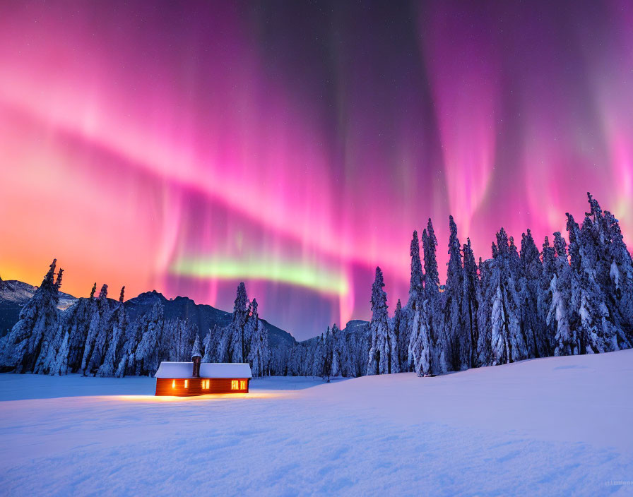 Winter Dusk Scene: Cozy Cabin, Snowy Trees, and Aurora Borealis