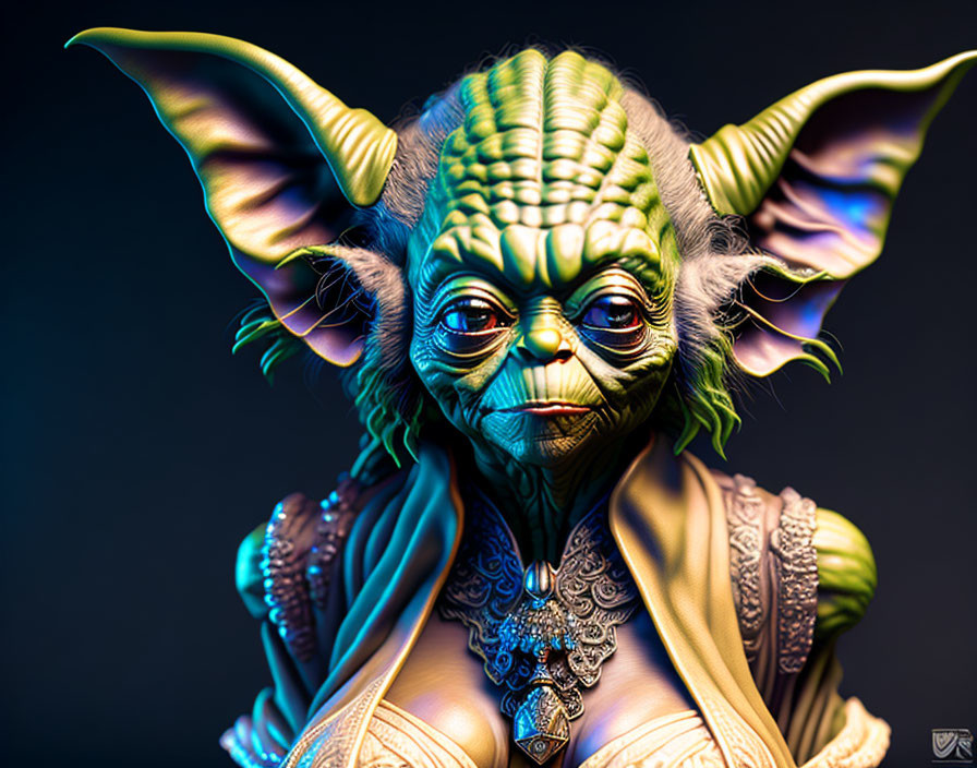 Detailed 3D illustration of wise green-skinned character