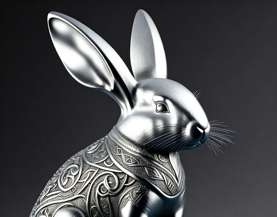Silver Rabbit Figurine with Intricate Patterns on Gray Background
