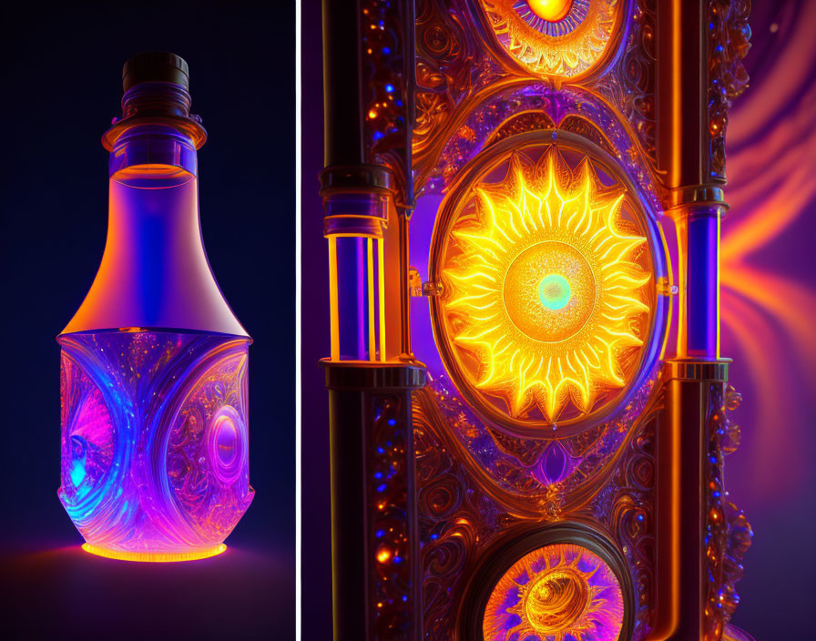 Vibrant composite image of glowing purple potion bottle and illuminated golden kaleidoscope structure