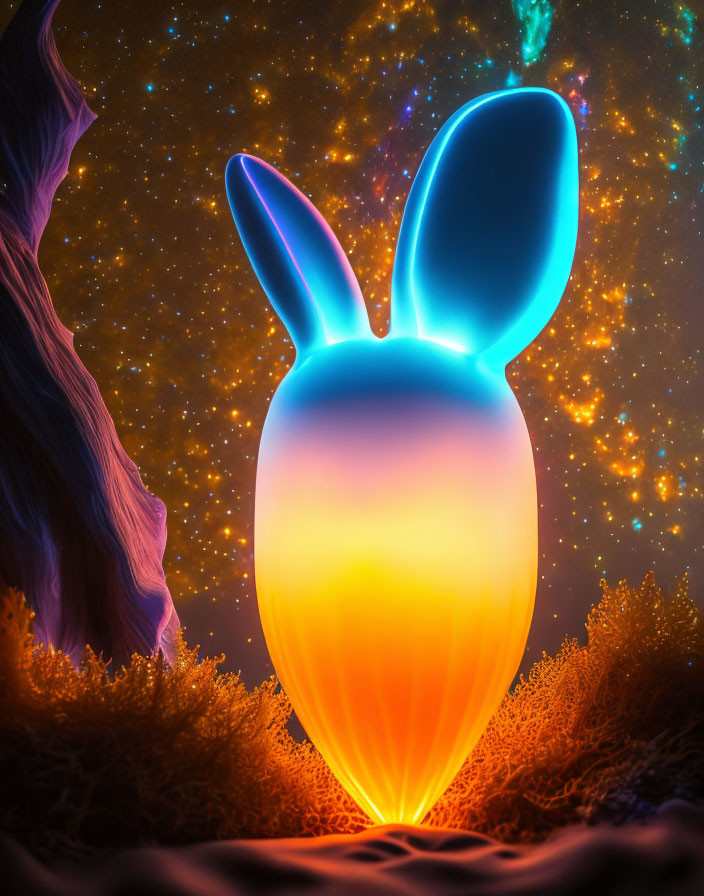 Colorful Rabbit-Shaped Object on Starry Background with Tree Silhouette