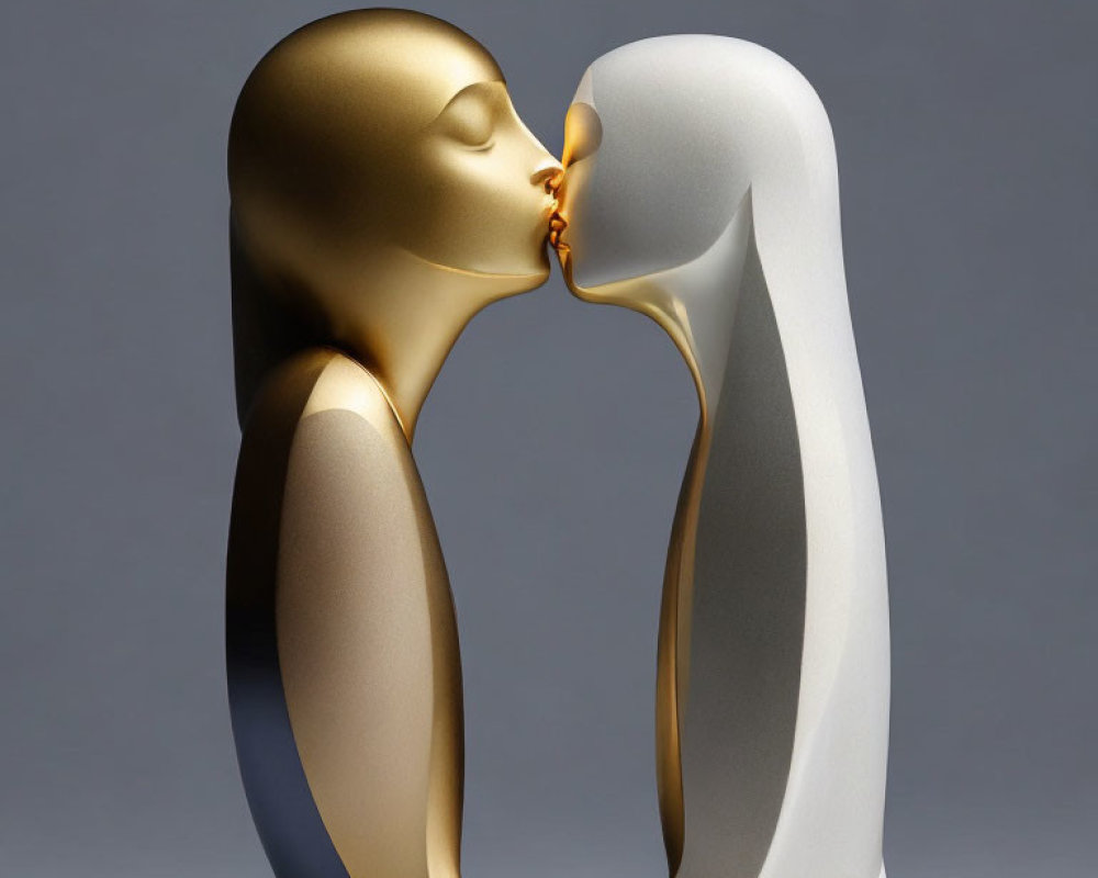 Abstract gold and white human-like figures kissing on gray background