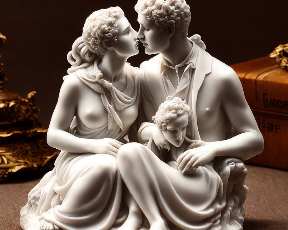 White Porcelain Family Sculpture on Brown Background
