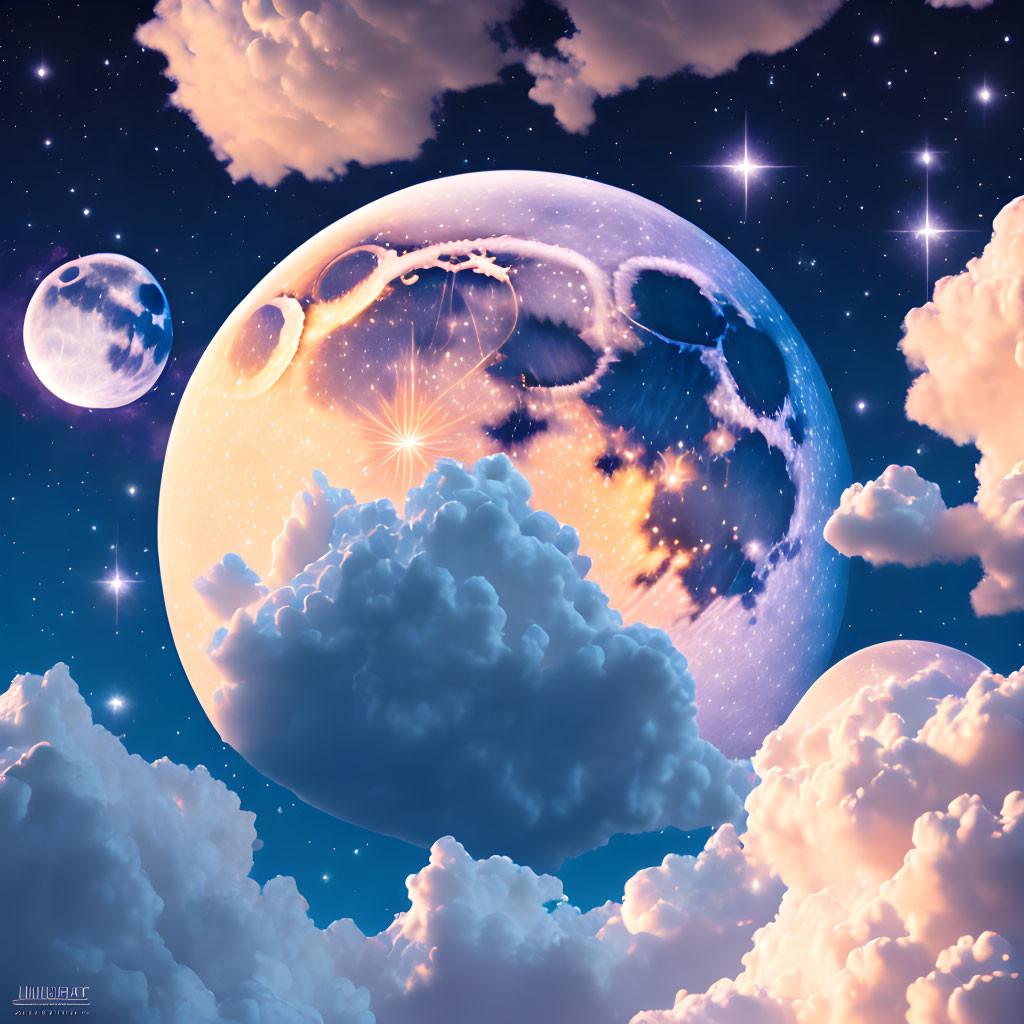 Vibrant planets and fluffy clouds in surreal cosmic scene