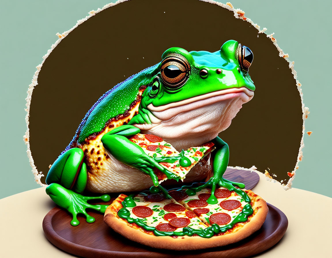 Colorful Frog with Monocle Eating Pepperoni Pizza in Digital Art
