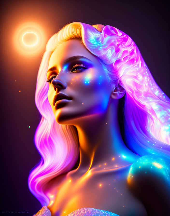 Vibrant digital art portrait of woman with neon hair and halo against dark background