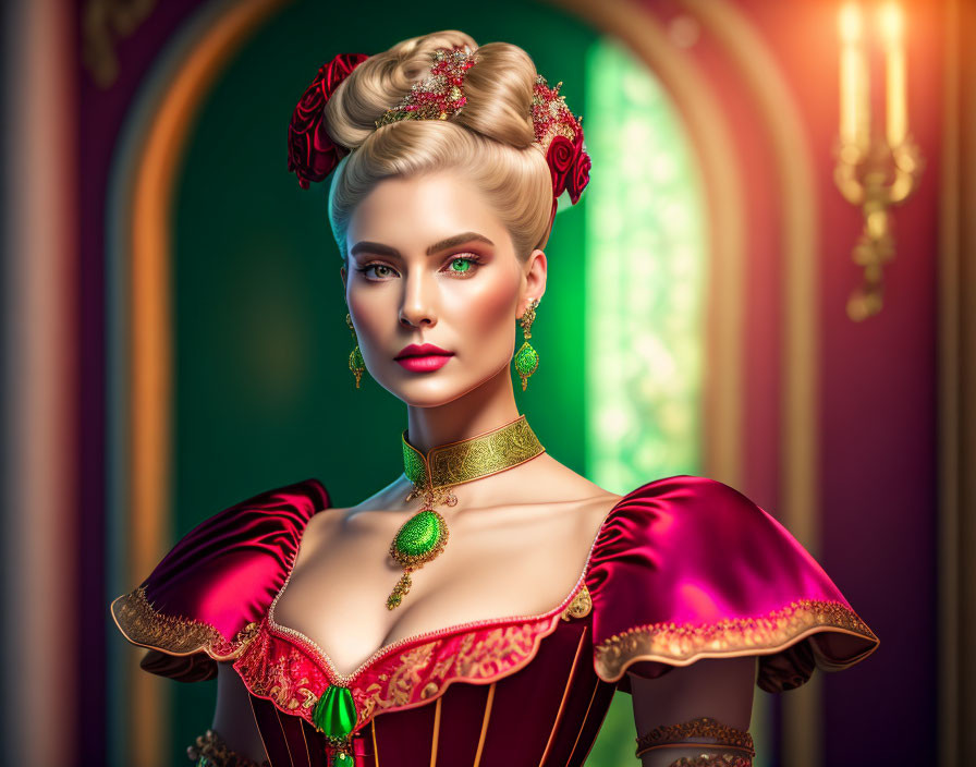 Historical woman in lavish gown with golden trim and ornate hairstyle against green background
