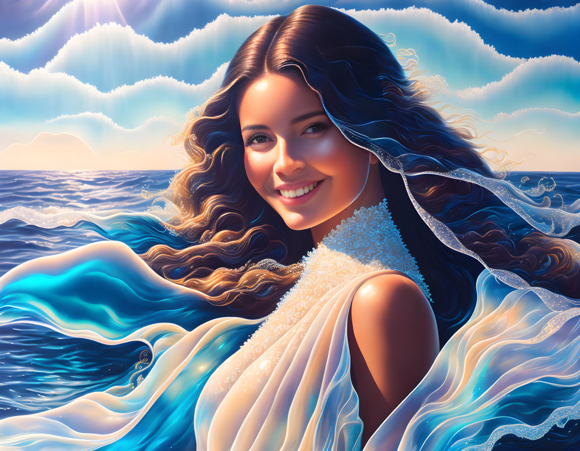 Smiling woman with flowing hair in ocean-themed dress under sunny sky