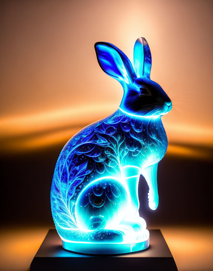Intricate Blue Designs on Illuminated Glass Rabbit Sculpture