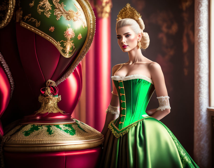 Elegant woman in green corseted gown beside ornate chair in opulent room