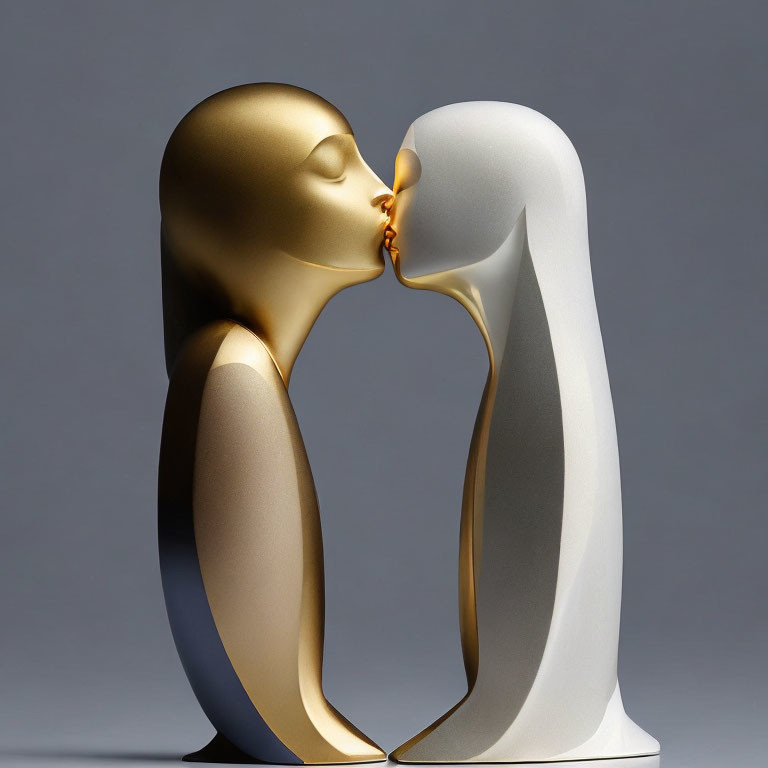 Abstract gold and white human-like figures kissing on gray background