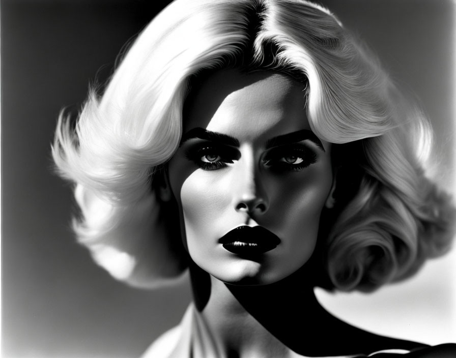 Monochrome portrait of woman with bold makeup and dramatic hair