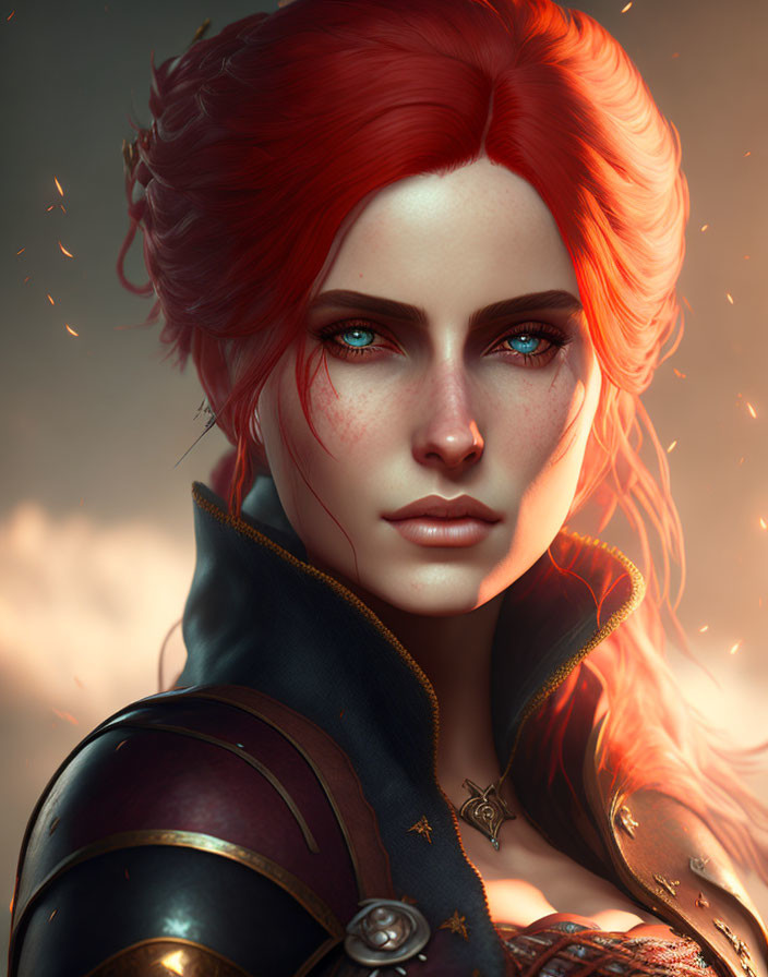 Digital portrait of a woman with red hair and blue eyes in medieval armor under fiery sky