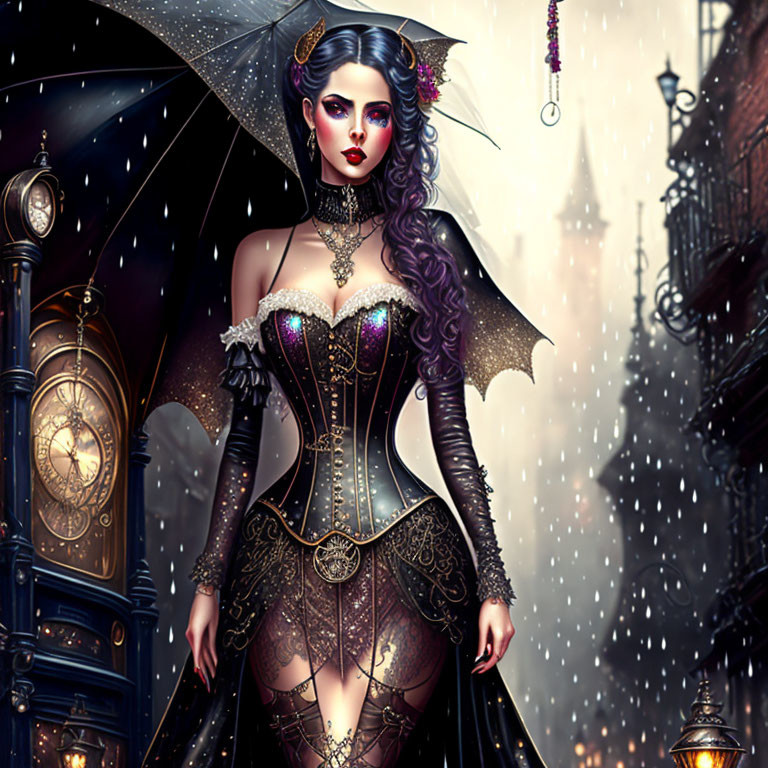 Gothic fantasy woman with umbrella in detailed corset, surrounded by snowflakes and street lamps