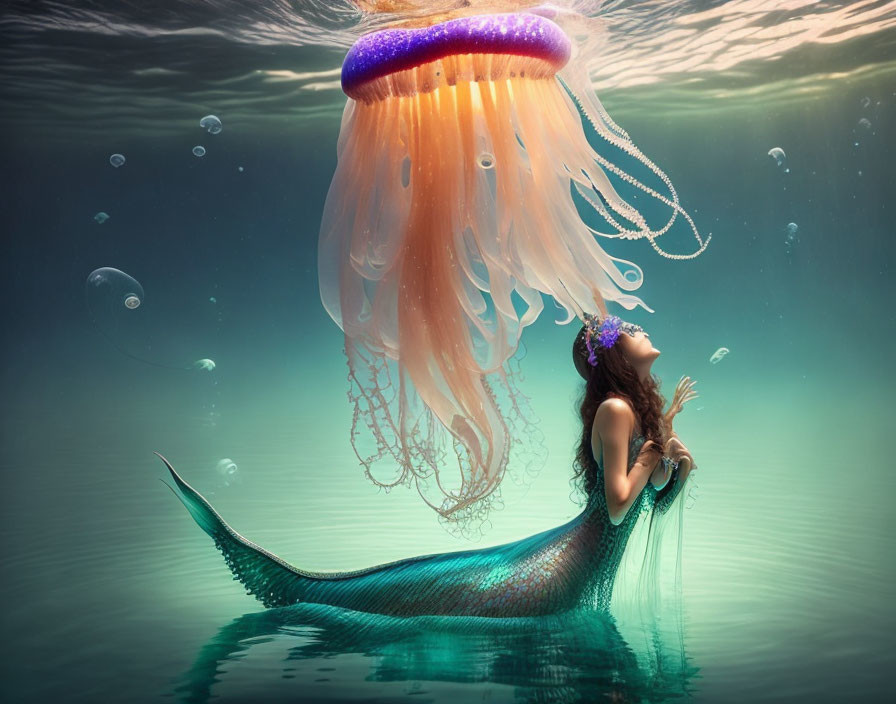 Mermaid with Shimmering Tail and Jellyfish in Tranquil Underwater Scene