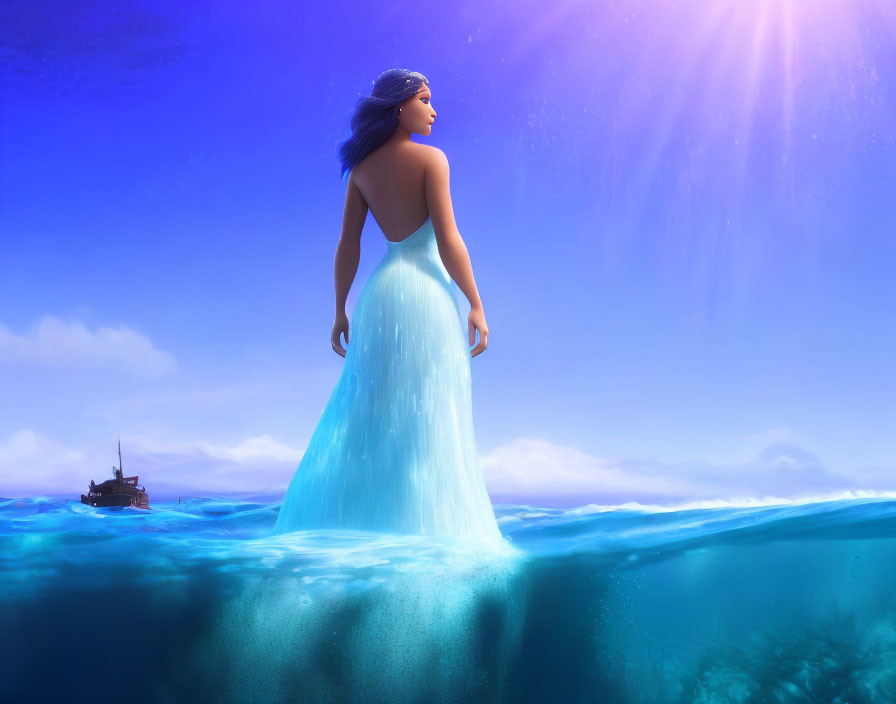 Animated character in ombre blue dress by the sea with ship under sunbeam