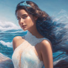 Digital artwork featuring woman with dark hair and ocean elements