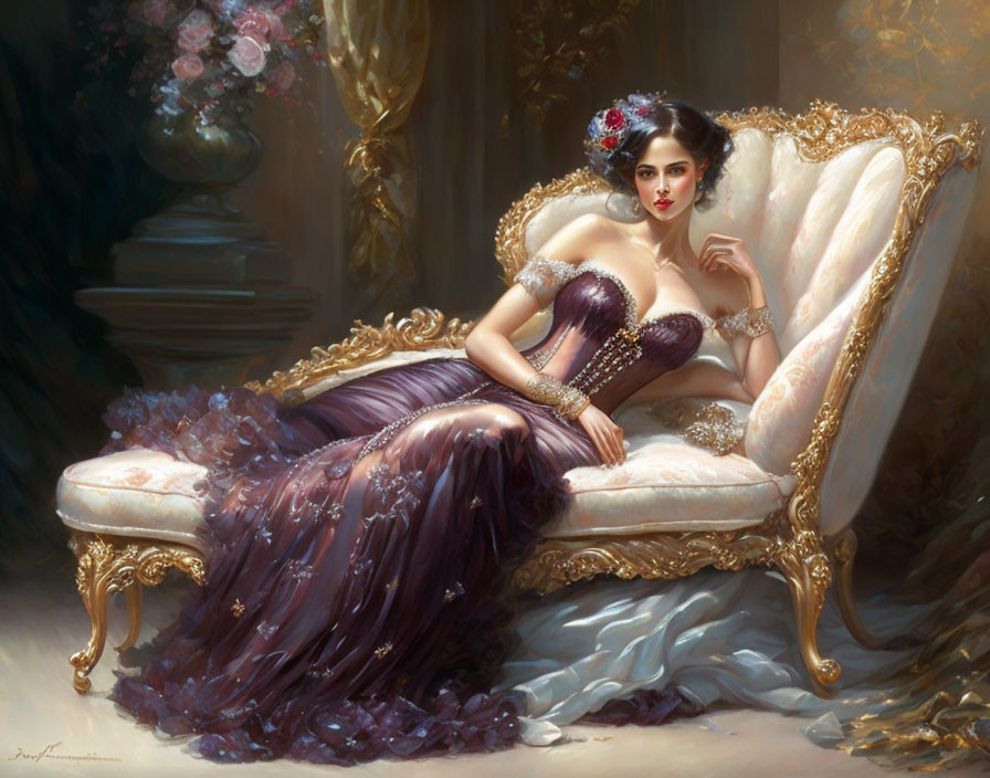 Woman in Lavish Purple Gown on Cream Chaise Lounge