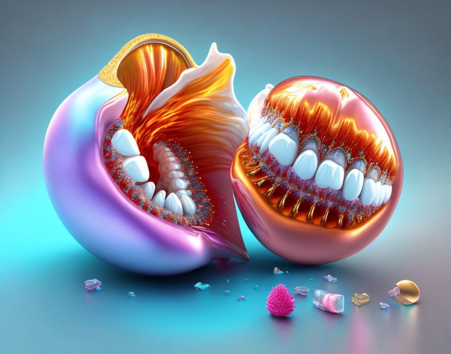 Surreal image: glossy shell-like objects with human teeth on soft blue background