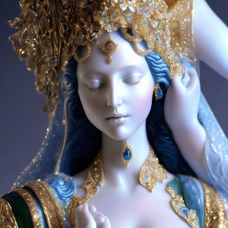 Intricate Blue-Skinned Woman Bust with Elaborate Gold Jewelry