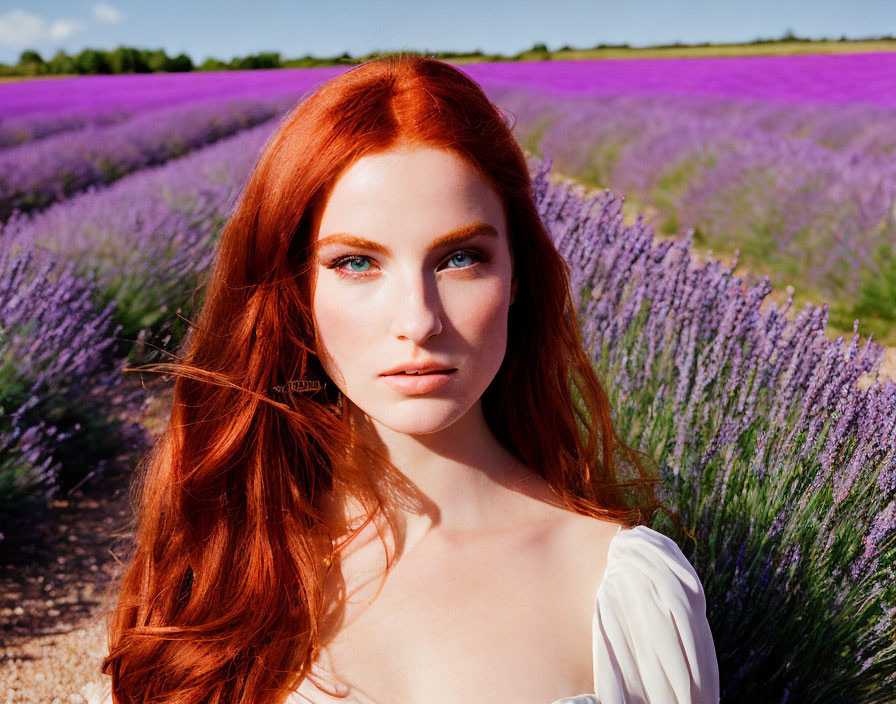Red-haired woman in lavender field under blue sky