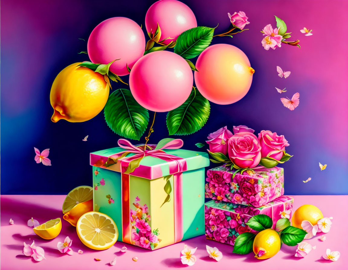 Colorful still life with lemons, balloons, gift boxes, roses, butterflies, and petals on
