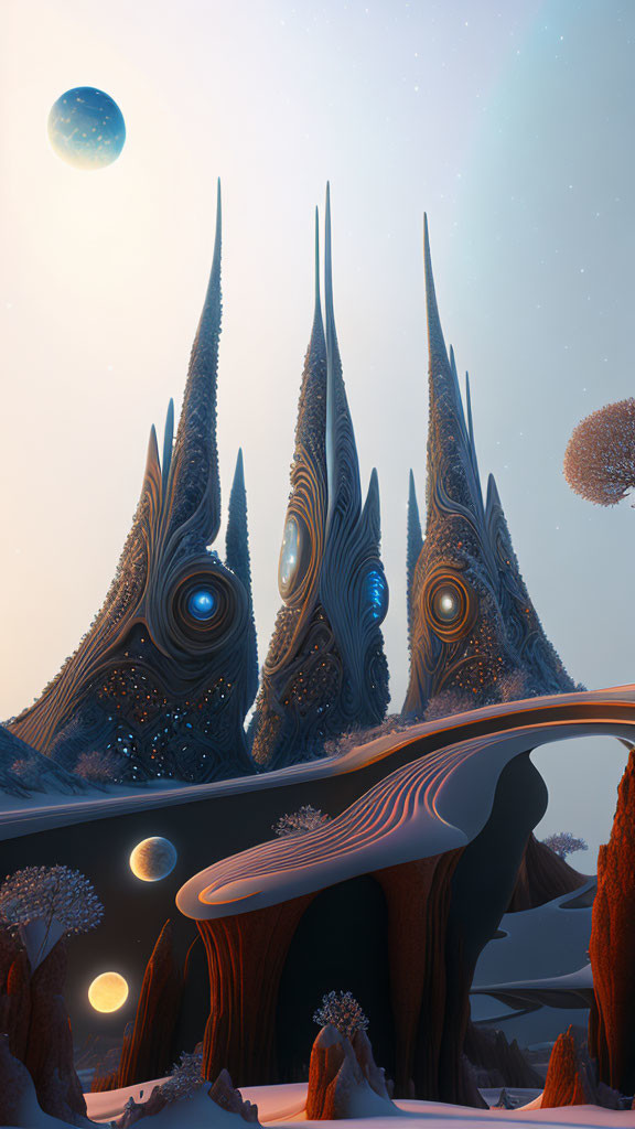 Alien landscape with tall spire-like structures and bioluminescent elements