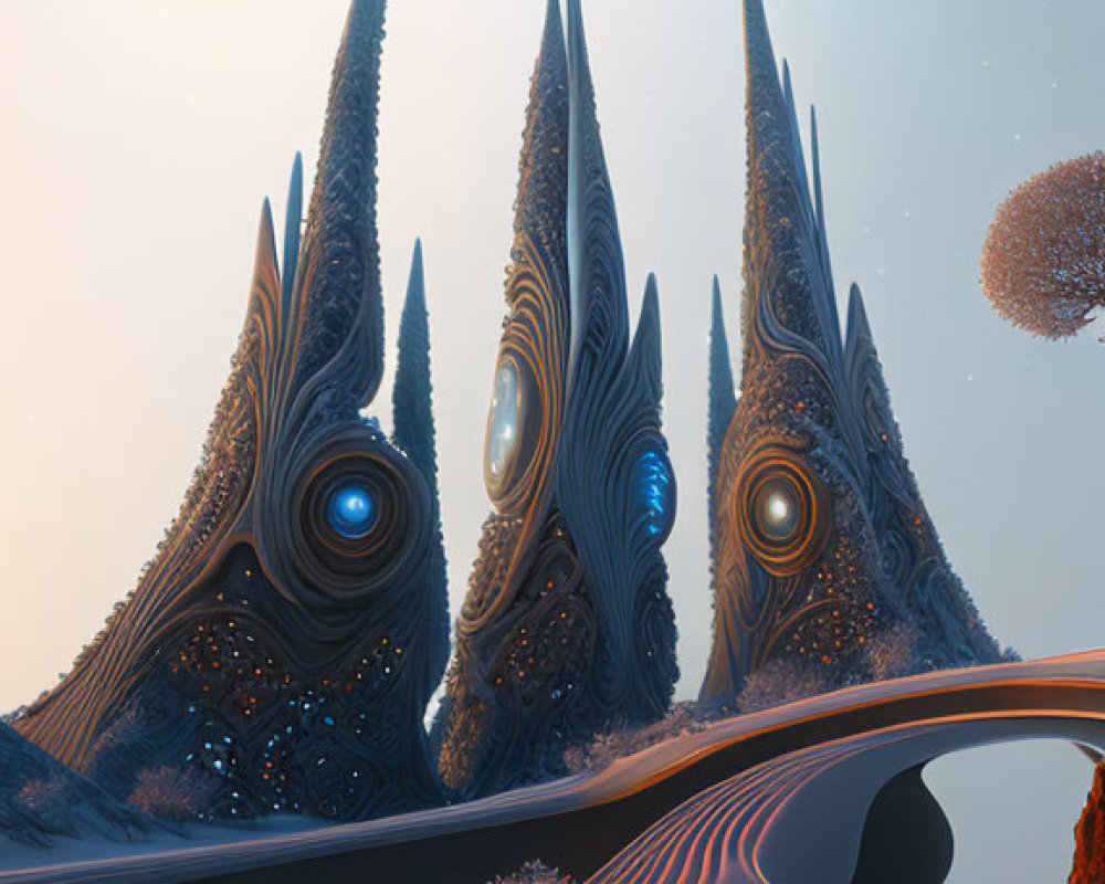 Alien landscape with tall spire-like structures and bioluminescent elements