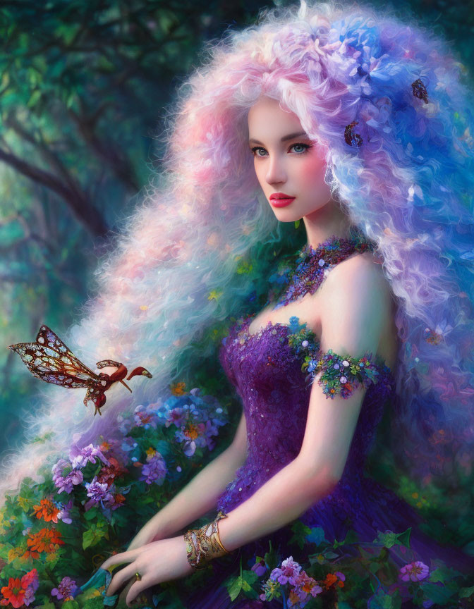 Digital Artwork: Woman with Pastel Hair, Purple Dress, Flowers, Butterfly