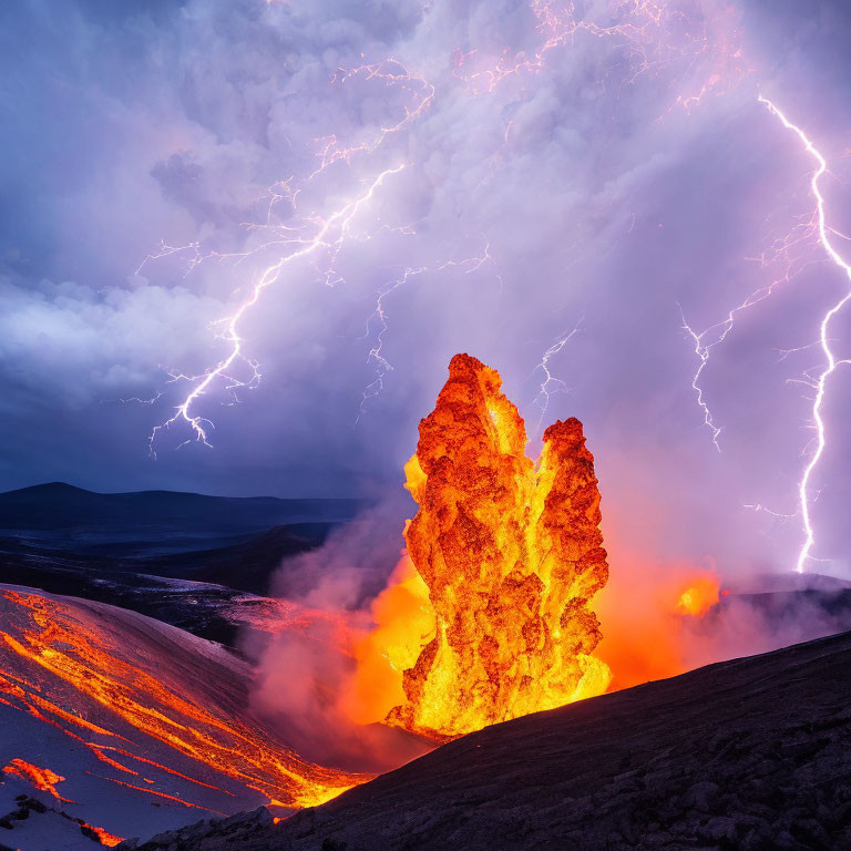 Powerful volcanic eruption with lightning in stormy sky