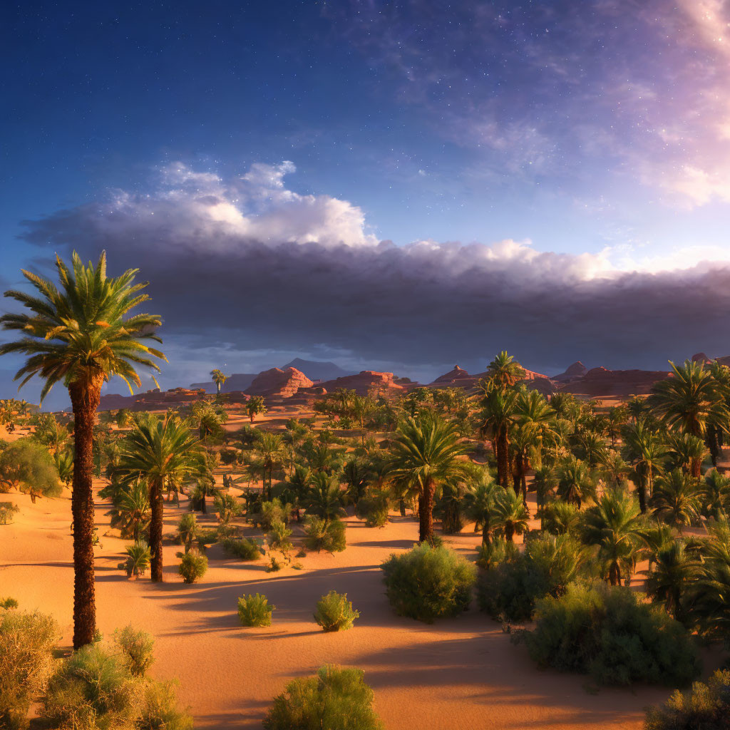 Desert oasis with palm trees, starry sky, sunset transition, mountains, and dramatic clouds.