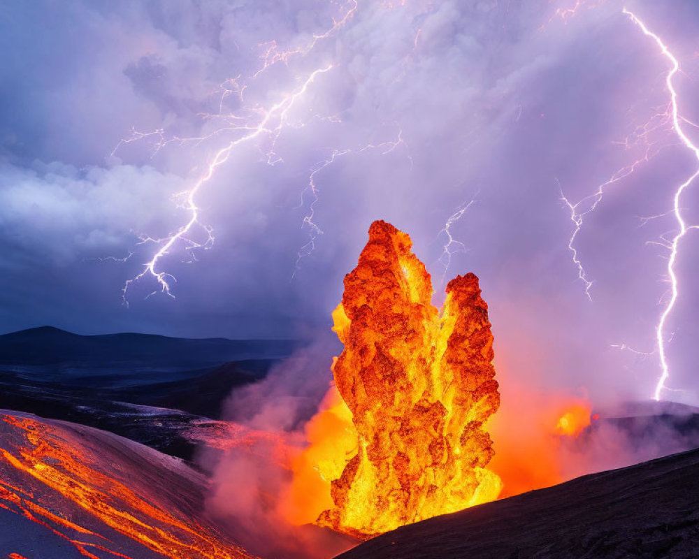 Powerful volcanic eruption with lightning in stormy sky
