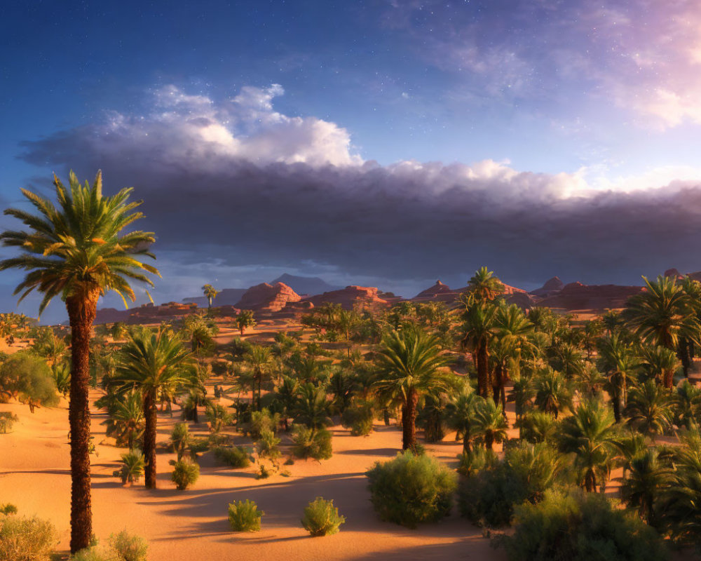 Desert oasis with palm trees, starry sky, sunset transition, mountains, and dramatic clouds.