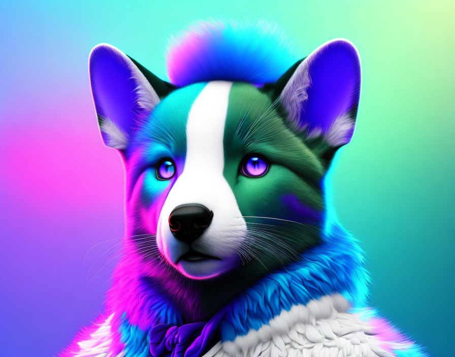 Digitally-rendered husky with blue and purple fur on colorful background