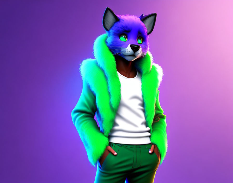 Vibrant Blue Anthropomorphic Fox in Green Outfit on Purple Background