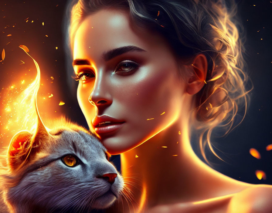 Digital artwork: Woman with glowing skin and cat with fiery horn in ember-filled scene.