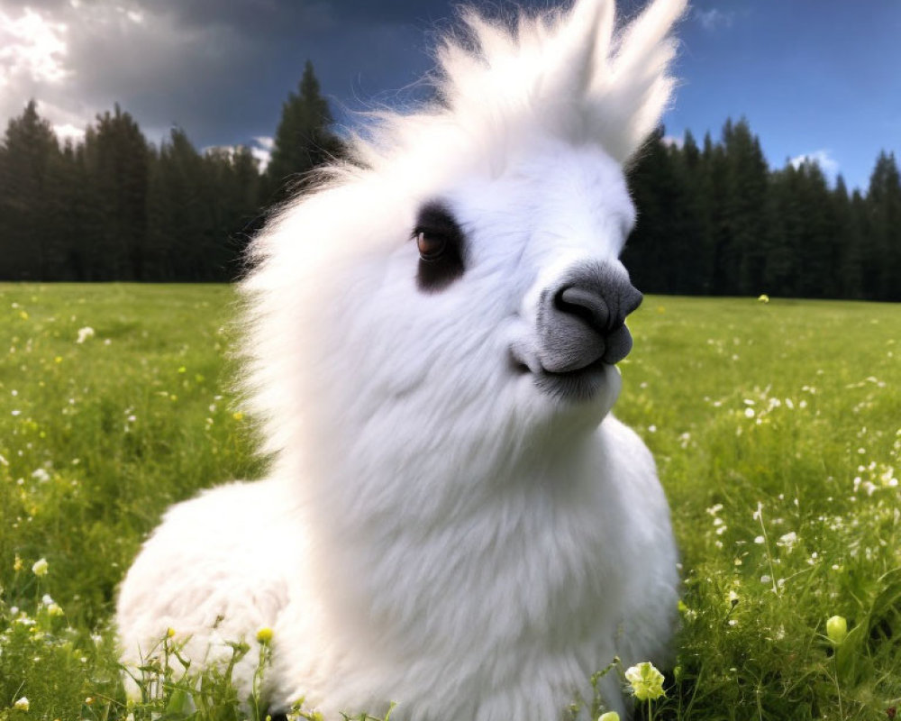 White Llama Sitting in Blooming Meadow under Dramatic Sky