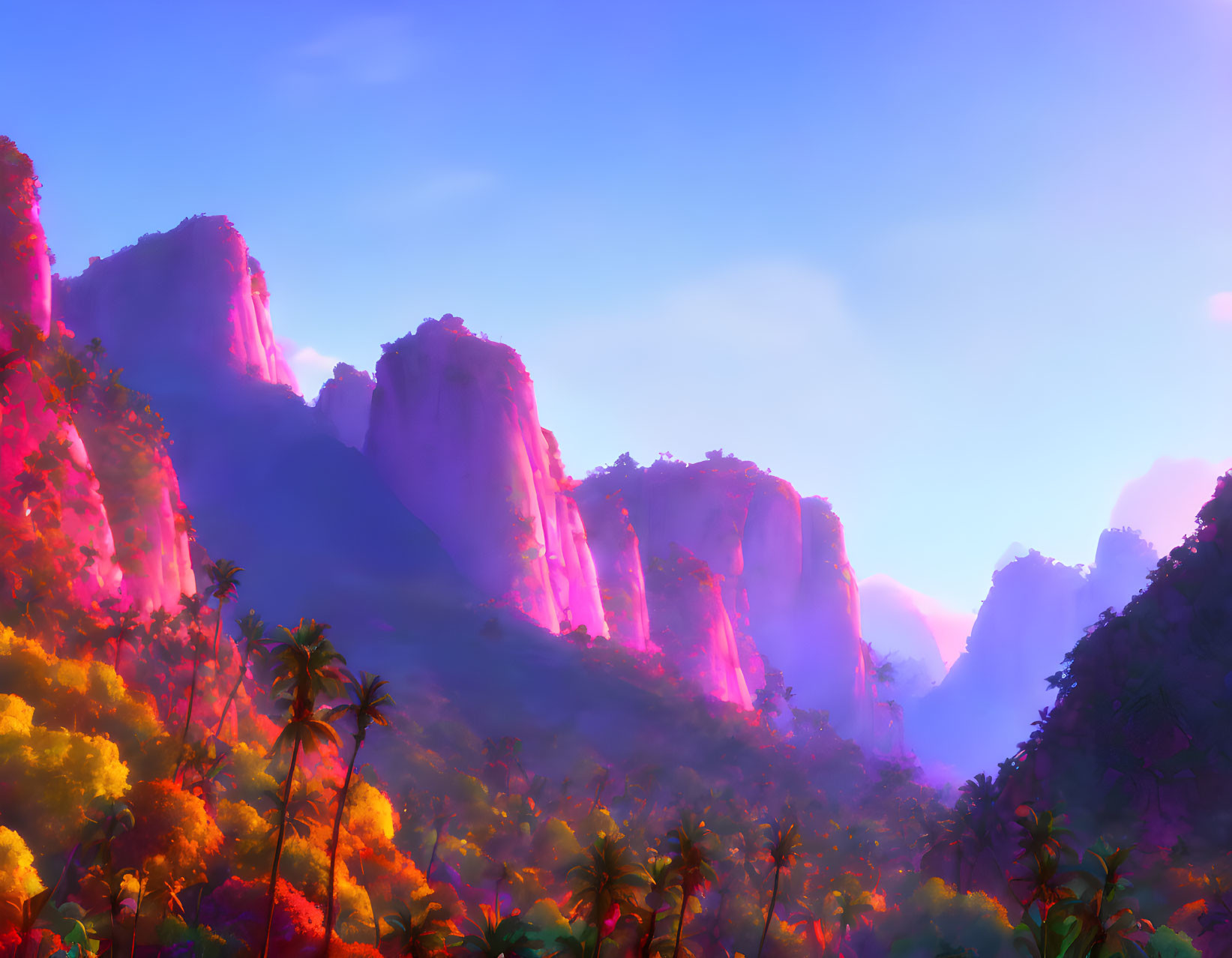 Lush Forest Landscape with Towering Cliffs in Soft Pink Glow