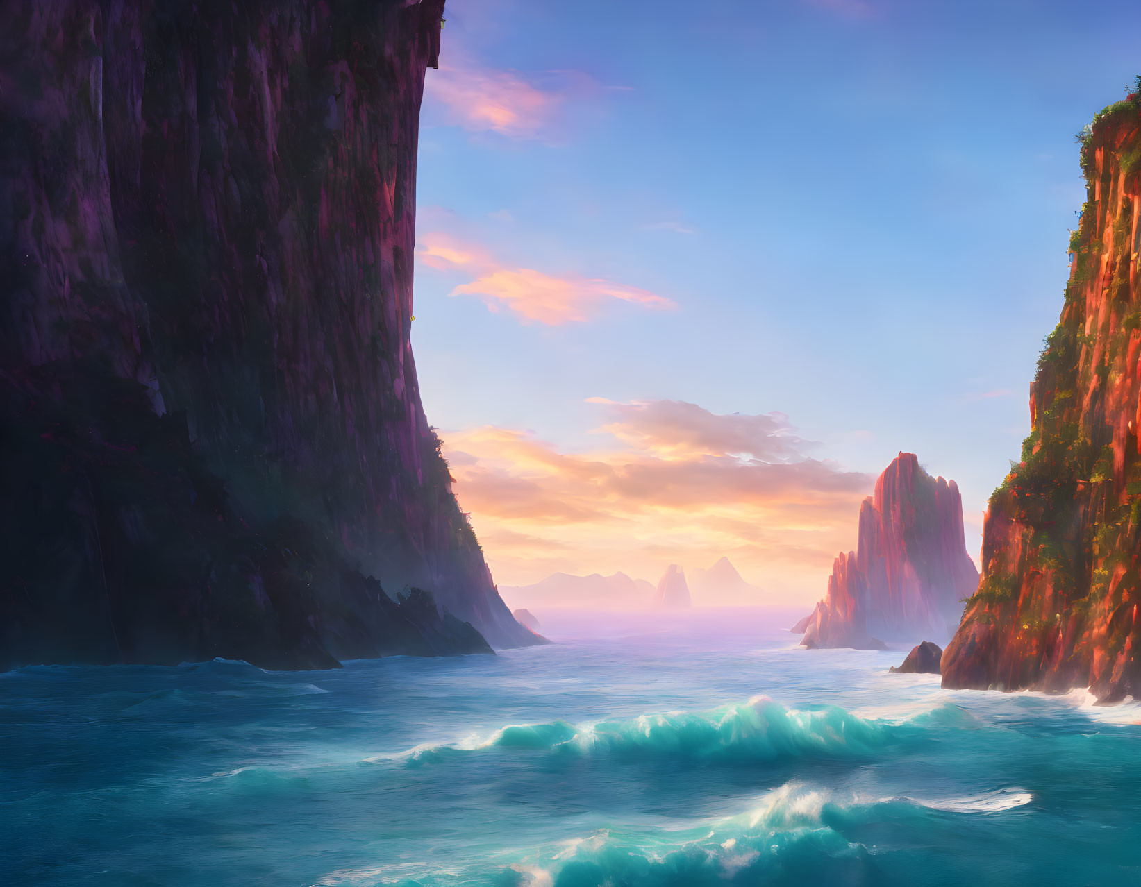 Tranquil ocean cove at sunset with towering cliffs and pastel sky