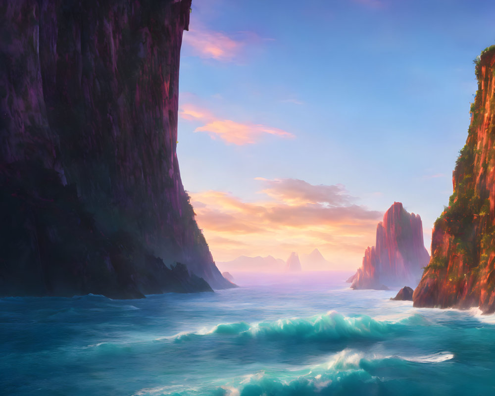 Tranquil ocean cove at sunset with towering cliffs and pastel sky