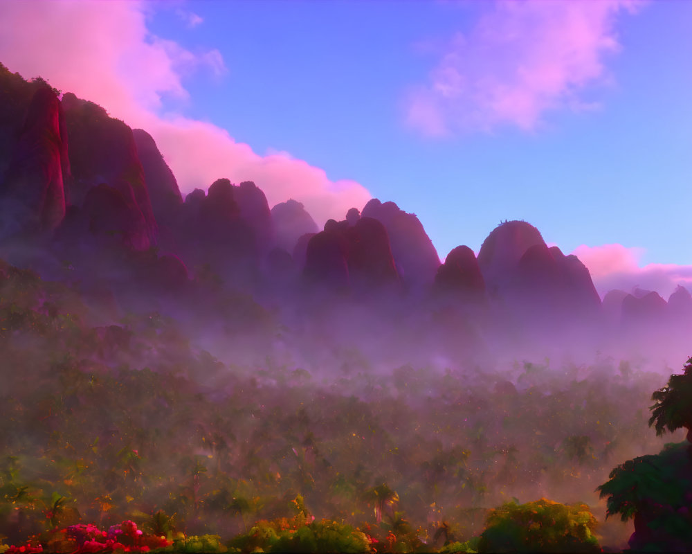 Mist-Covered Mountains in Purple-Pink Sky at Dawn or Dusk