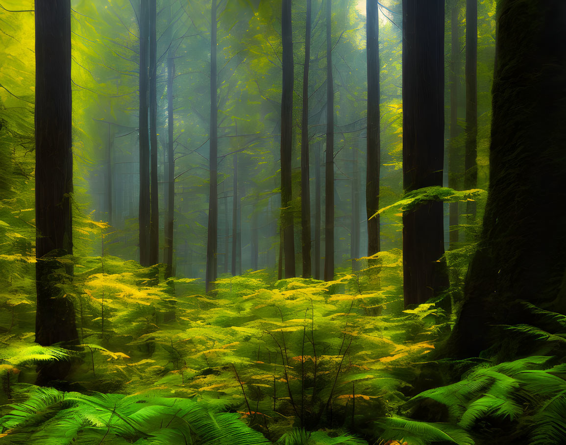 Tranquil Green Forest with Sunbeams Filtering Through Tall Trees