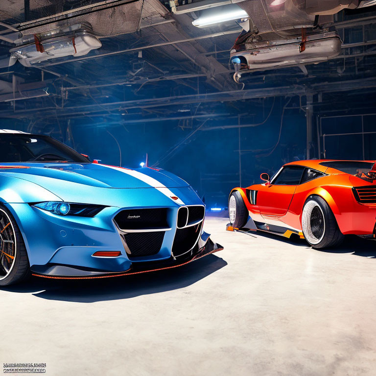 Two sports cars - blue with white stripes and orange with black accents - parked in well-lit garage