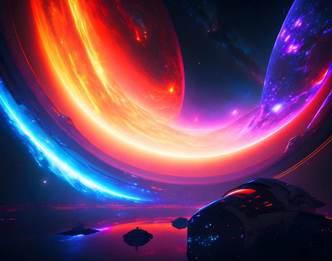 Vibrant gas giant scene with spaceship and fleets in starlit space
