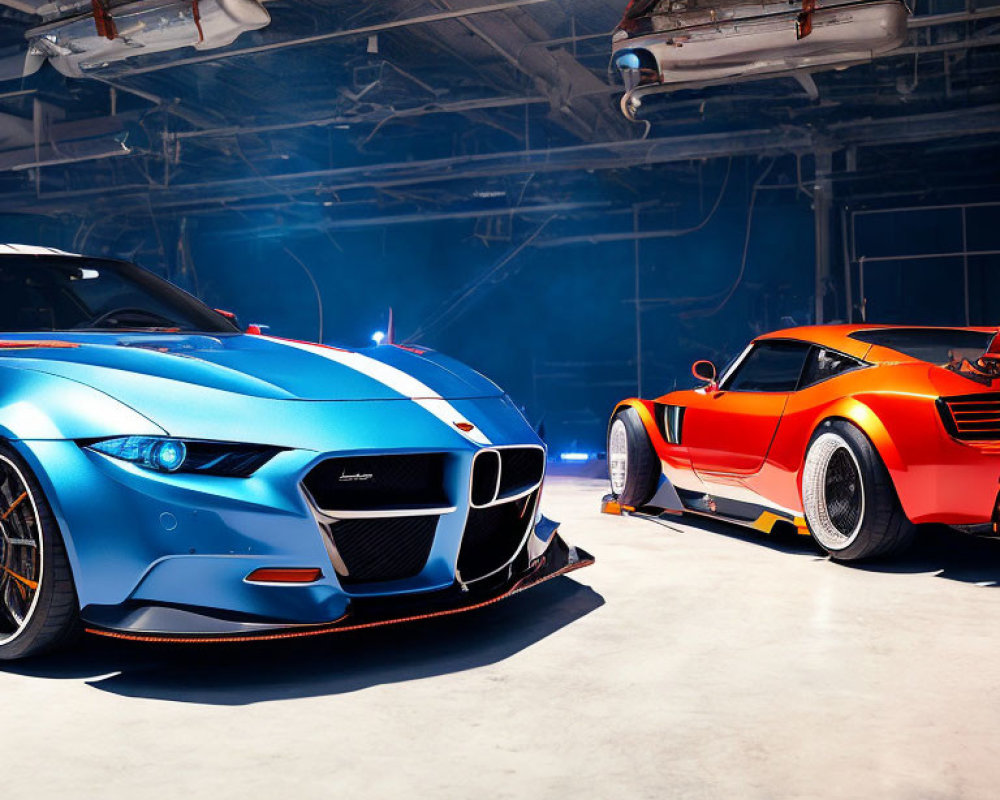 Two sports cars - blue with white stripes and orange with black accents - parked in well-lit garage