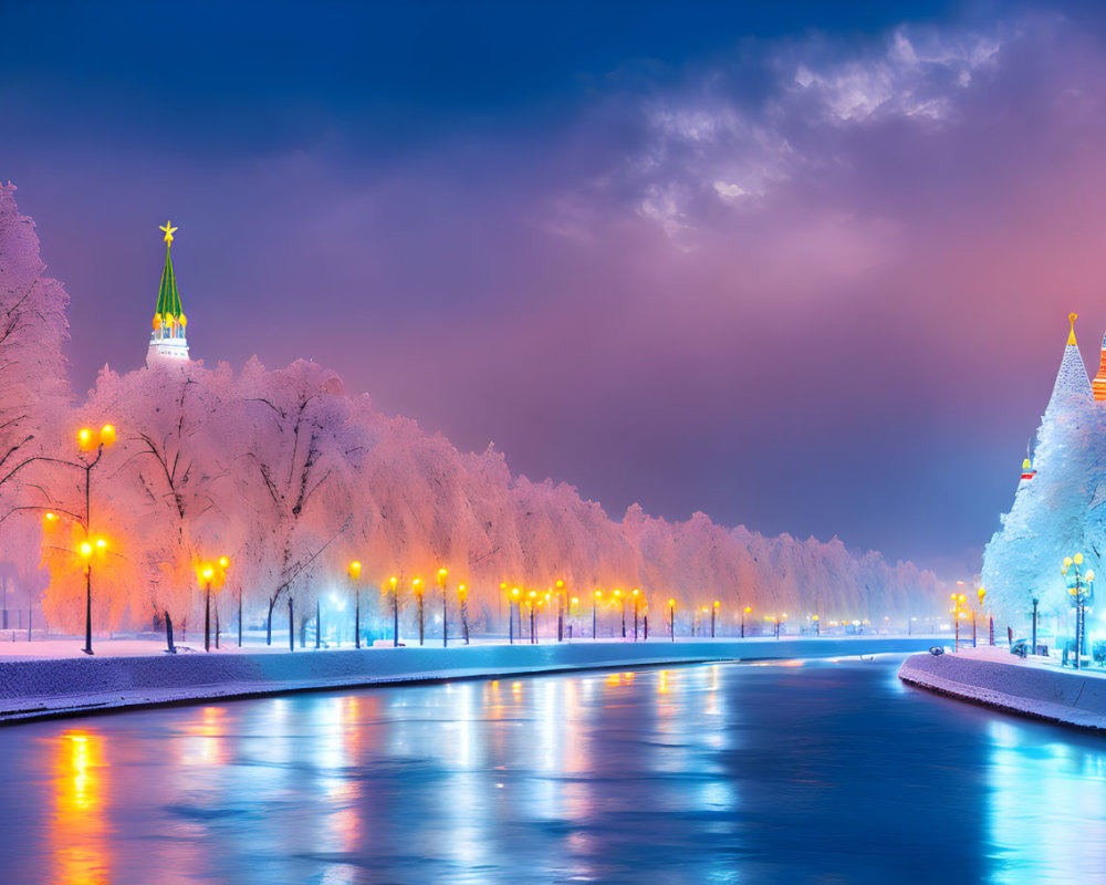 Winter river landscape with snow-covered trees and distant building under twilight sky