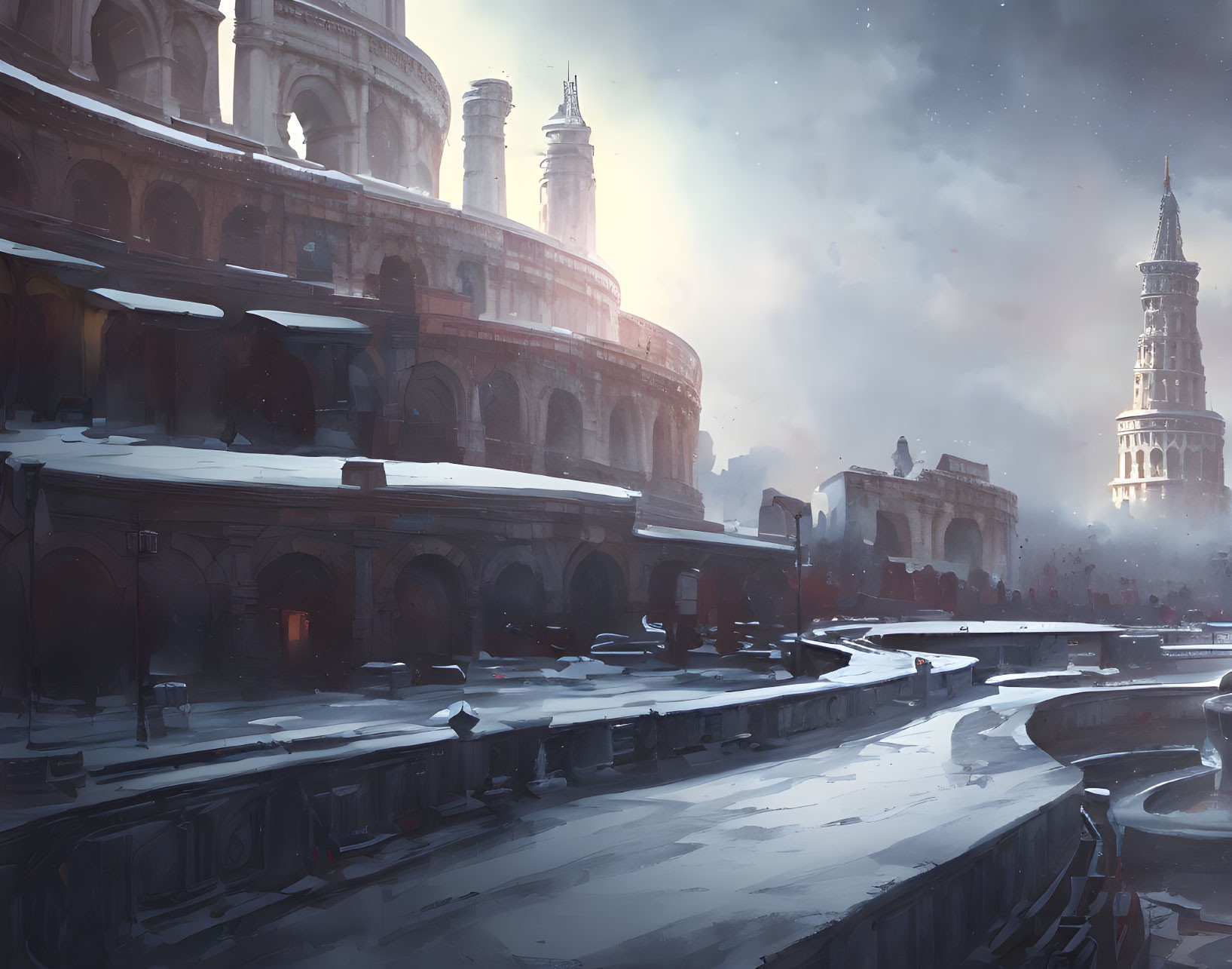 Snowy futuristic cityscape with classical architecture and coliseum-like structure and towering spire.