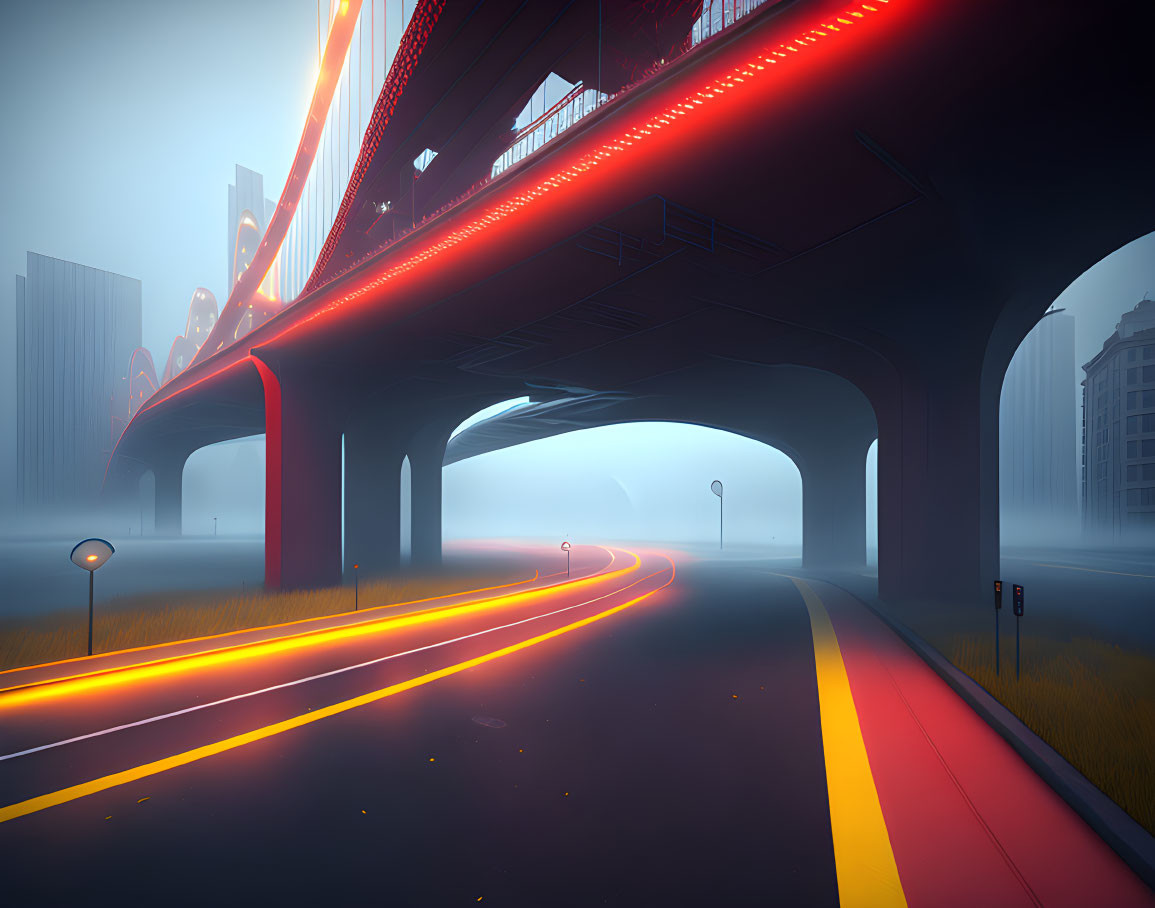 Futuristic cityscape with red bridges and glowing road markings in misty setting