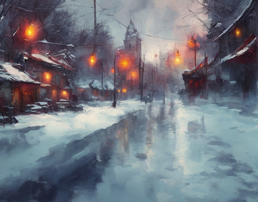 Snowy Dusk Street Scene with Glowing Streetlights